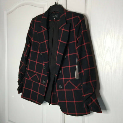 1.state Windowpane Check Ruched Sleeve Blazer Open Front Peaked Lapels XSmall