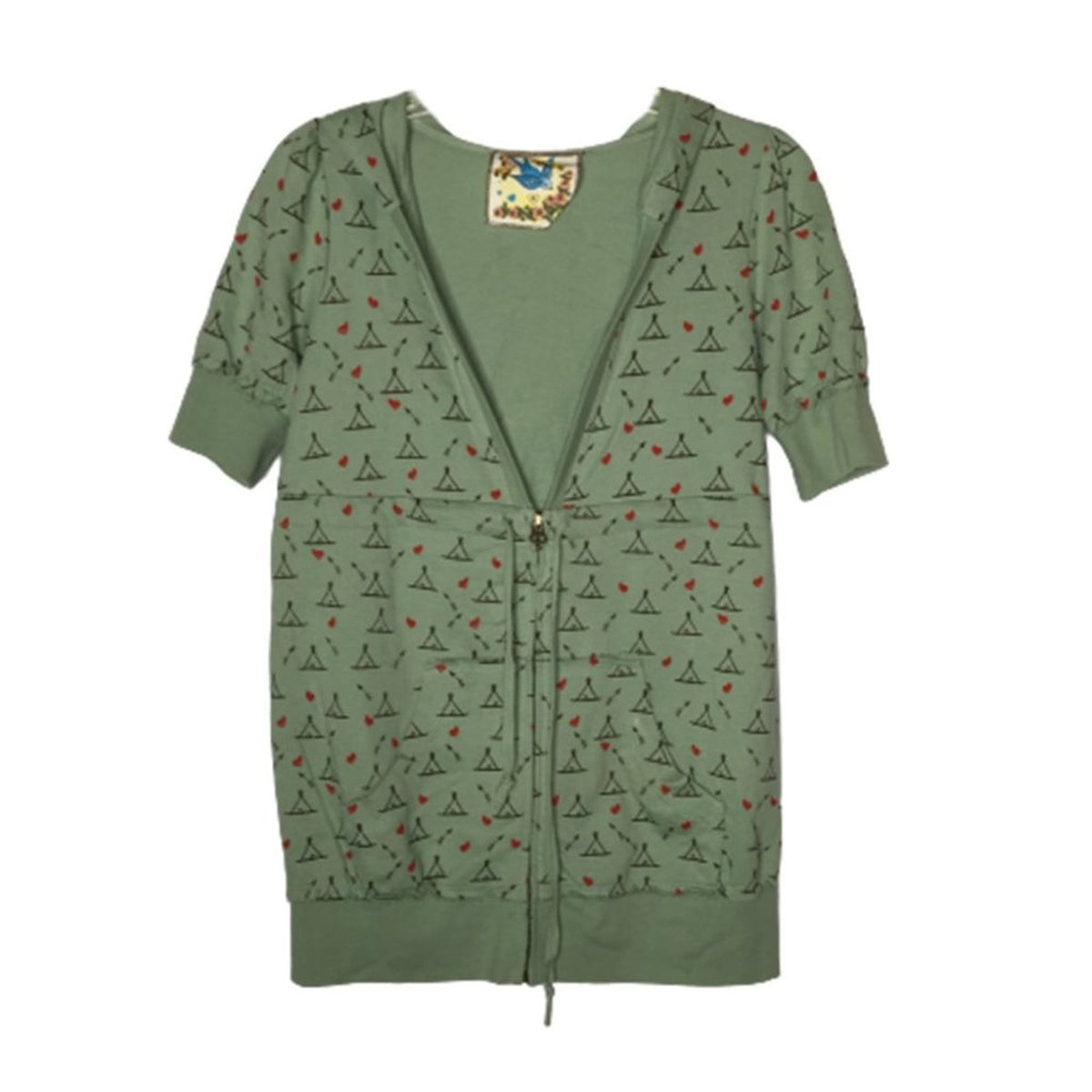 Blue Bird Full Zip Hoodie Short Sleeve Green Red Heart Tepees MediumTie waist
