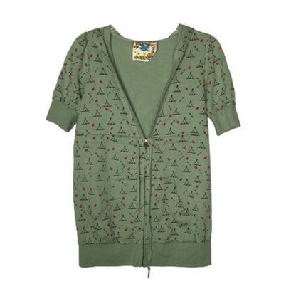 Blue Bird Full Zip Hoodie Short Sleeve Green Red Heart Tepees MediumTie waist