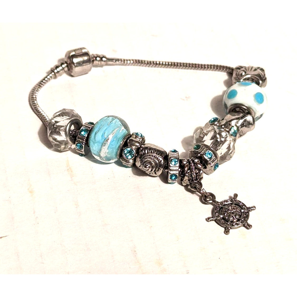 Silvertone Charm Bracelet 8.5" Base with 14 Blue & Silver Beachy Sea Life Charms