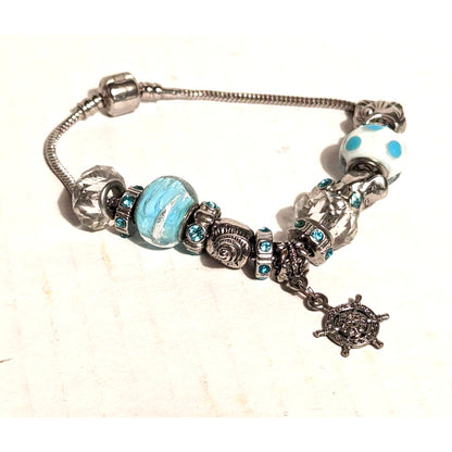 Silvertone Charm Bracelet 8.5" Base with 14 Blue & Silver Beachy Sea Life Charms