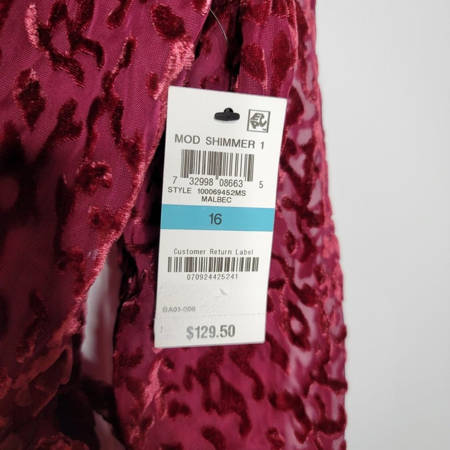 Alfani Velvet Burnout Belt Shirt dress Malbec Wine Size 16 Long Sleeve NEW $130