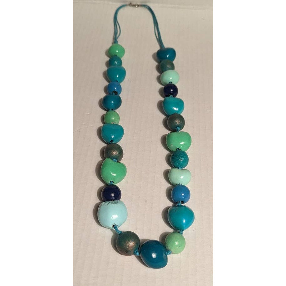 Vintage Costume Jewelry Wooden Nuts Seed Beaded Blue Green Chunky Necklace Faded