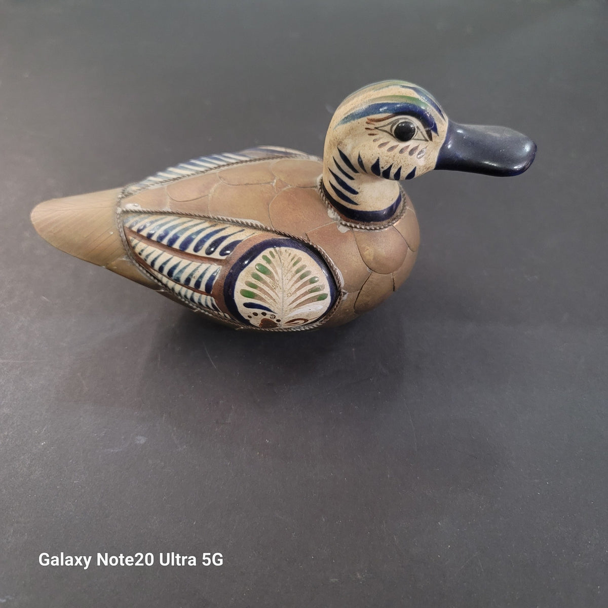 Vintage Tonala Mexican Folk Art Pottery Armored Duck Brass Feathers Hand Painted