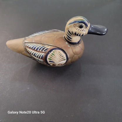 Vintage Tonala Mexican Folk Art Pottery Armored Duck Brass Feathers Hand Painted