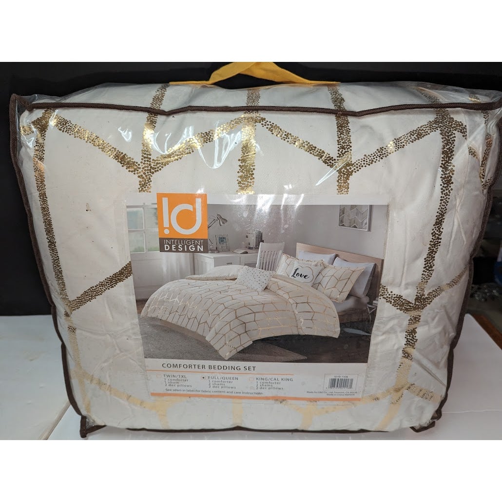 Intelligent Design Love Raina Geo 5-Pc Comforter Set Ivory Gold Full Queen NEW