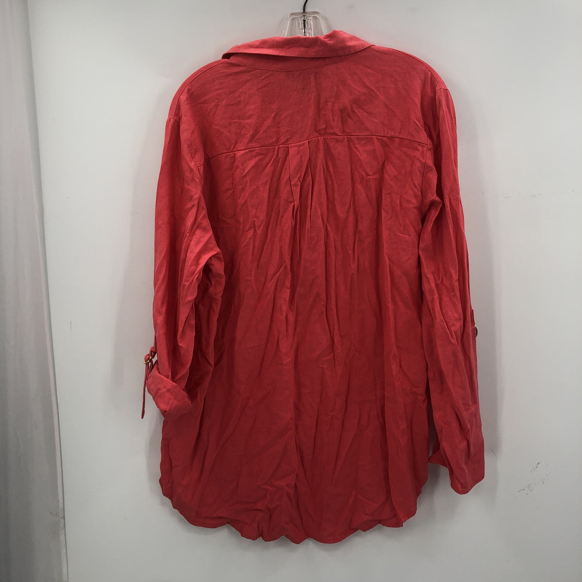 Eleen Tracy Women's Front Button Detail Blouse Top Roll Tab Sleeves Red X-Large