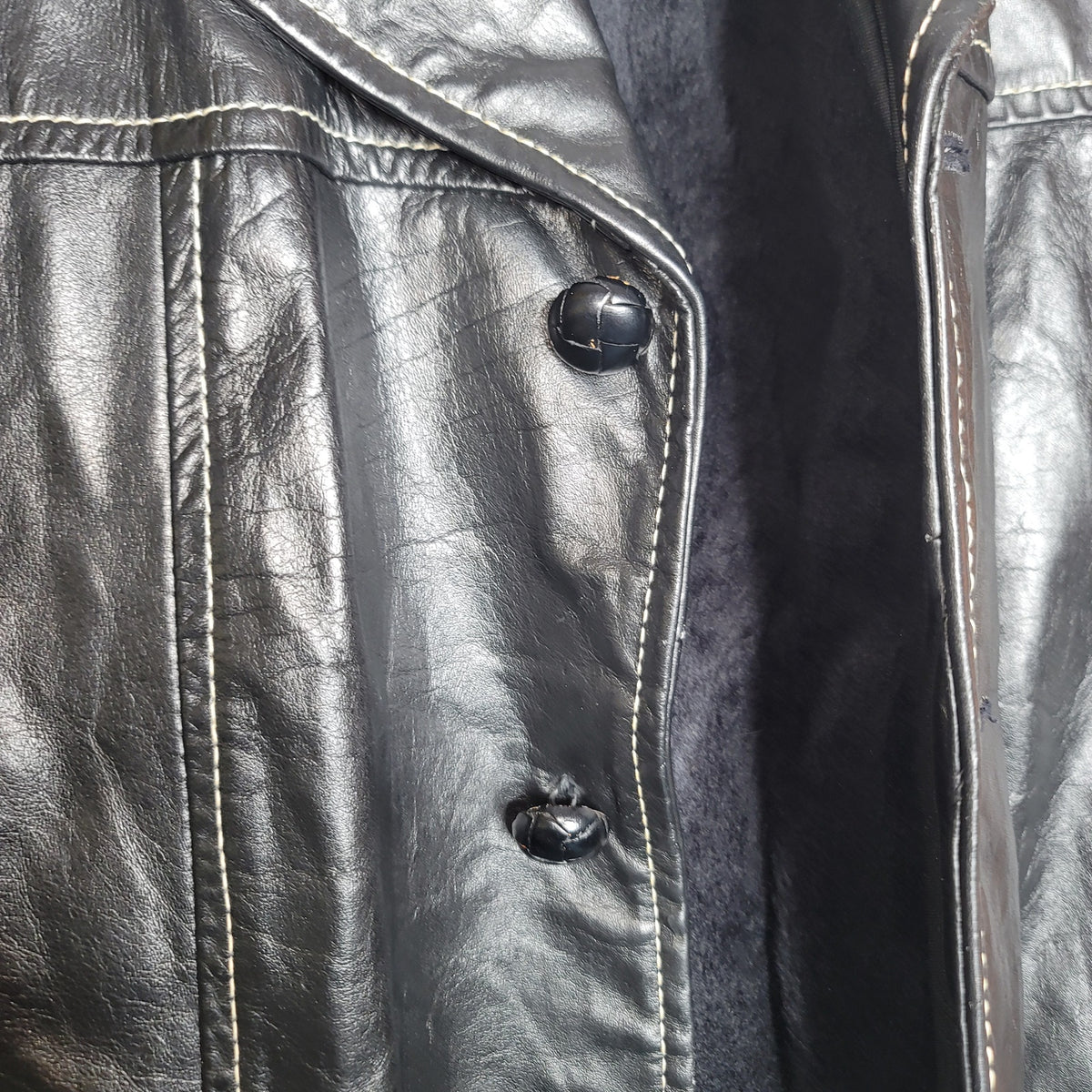 Juilliard Leather Vintage 1970 Lg. Lapel black white stitching Sz 38 Coat Jacket