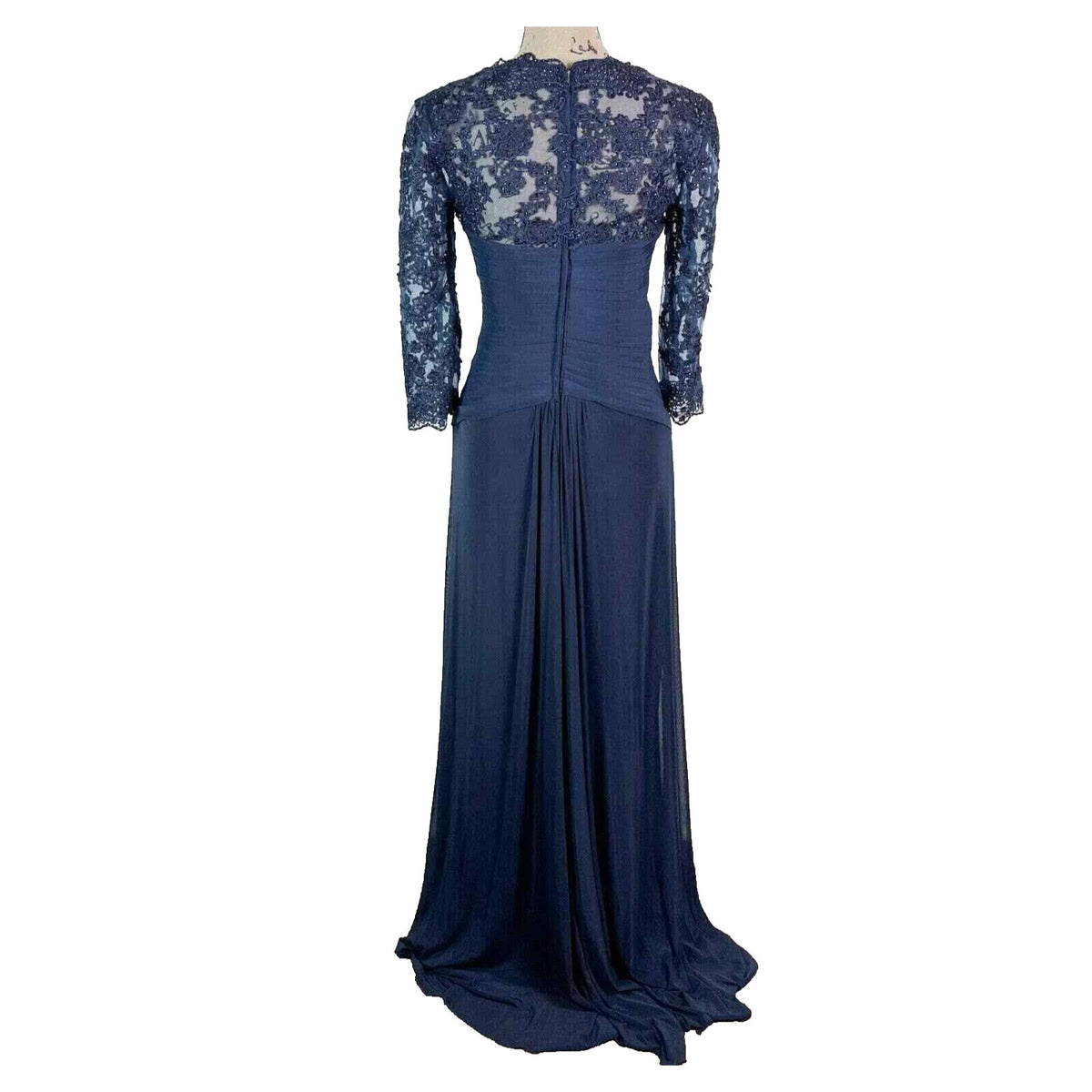 La Femme Sweetheart Neck Lace Sleeve Knot Detail Gown Dress Sz 18 Navy NWT 23244