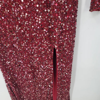 Mac Duggal Sequin Maxi Gown Dress Front slit long sleeve Evening Wine Back Zip