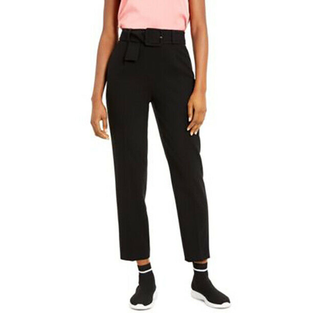 Bar III Womens Straight Legs Belted Joggers Pants High Rise Black Size 14 NWT