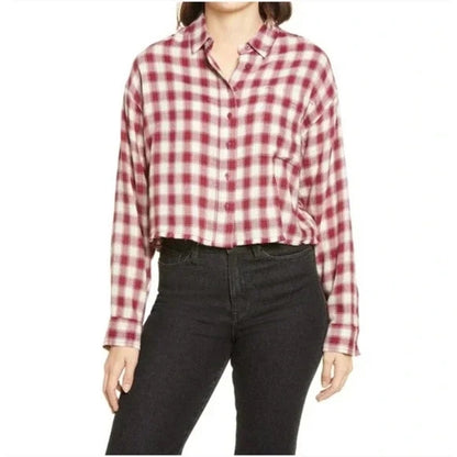 ABOUND Red & White Tibetan Dobby Plaid size Medium NEW Raw Fringe Hem Crop Top