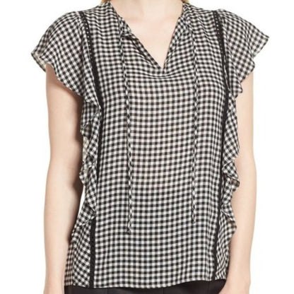 NEW Nordstrom Signature Gingham Print Blouse Top wOMENS Medium Flutter sleeve