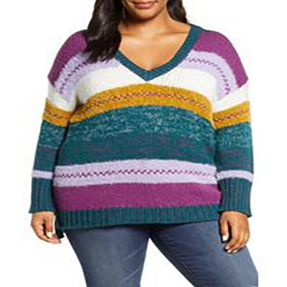 NEW Caslon Pullover Sweater V-Neck Long Sleeves Mixed Stripe Purple Multi 2X