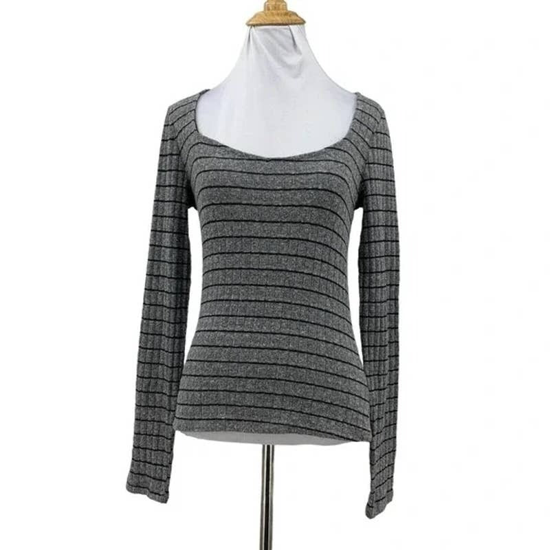 PST By Project Social T Charcoal/Black Small NEW Stripe Rib Knit Sweetheart Neck