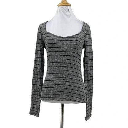 PST By Project Social T Charcoal/Black Small NEW Stripe Rib Knit Sweetheart Neck
