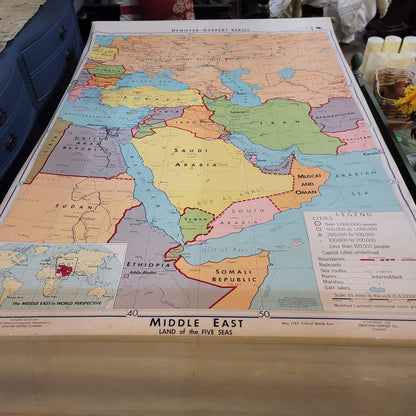 1967 Denoyer Geppert  School Wall Rollup Map The Middle East World Perspective