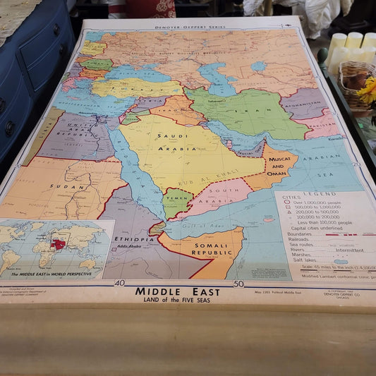 1967 Denoyer Geppert  School Wall Rollup Map The Middle East World Perspective