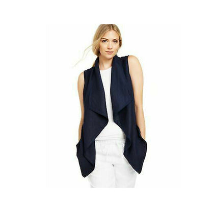 Charter Club Draped Vest Frayed-Trim Sleeveless Linen Blue Medium Pockets