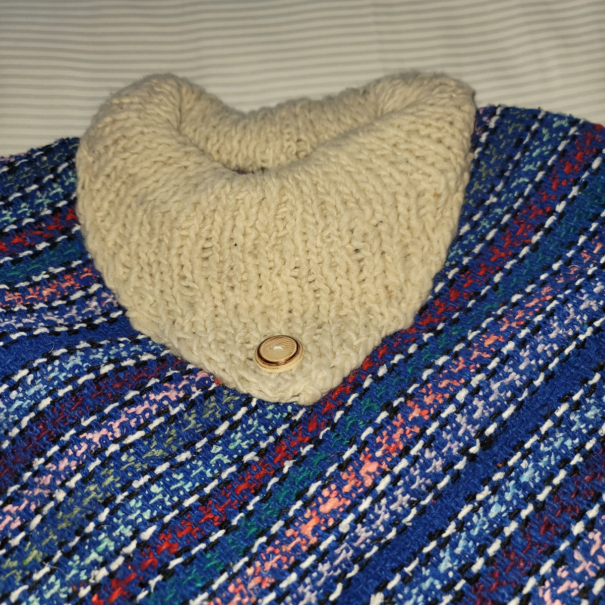 Handmade heavy poncho fringe wood button Winter One Size Multicolor Wool Cotton
