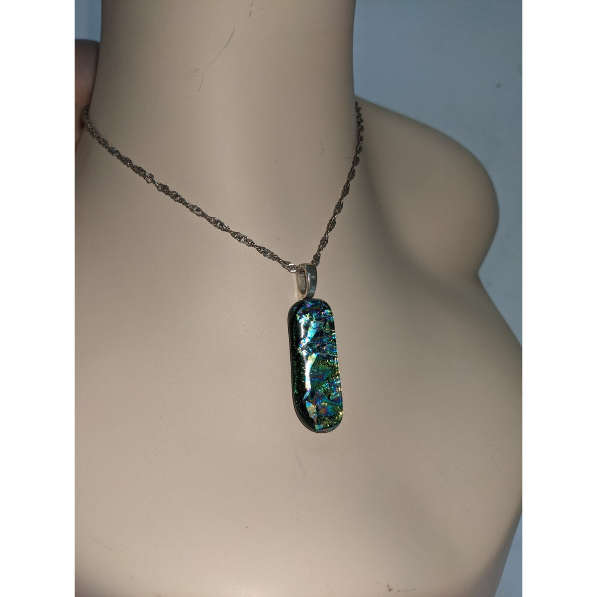 Vintage Dark Green Iridescent Rainbow Glass Opalescent Silver Pendant