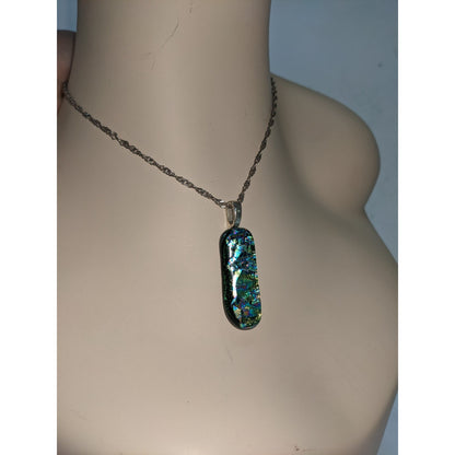 Vintage Dark Green Iridescent Rainbow Glass Opalescent Silver Pendant