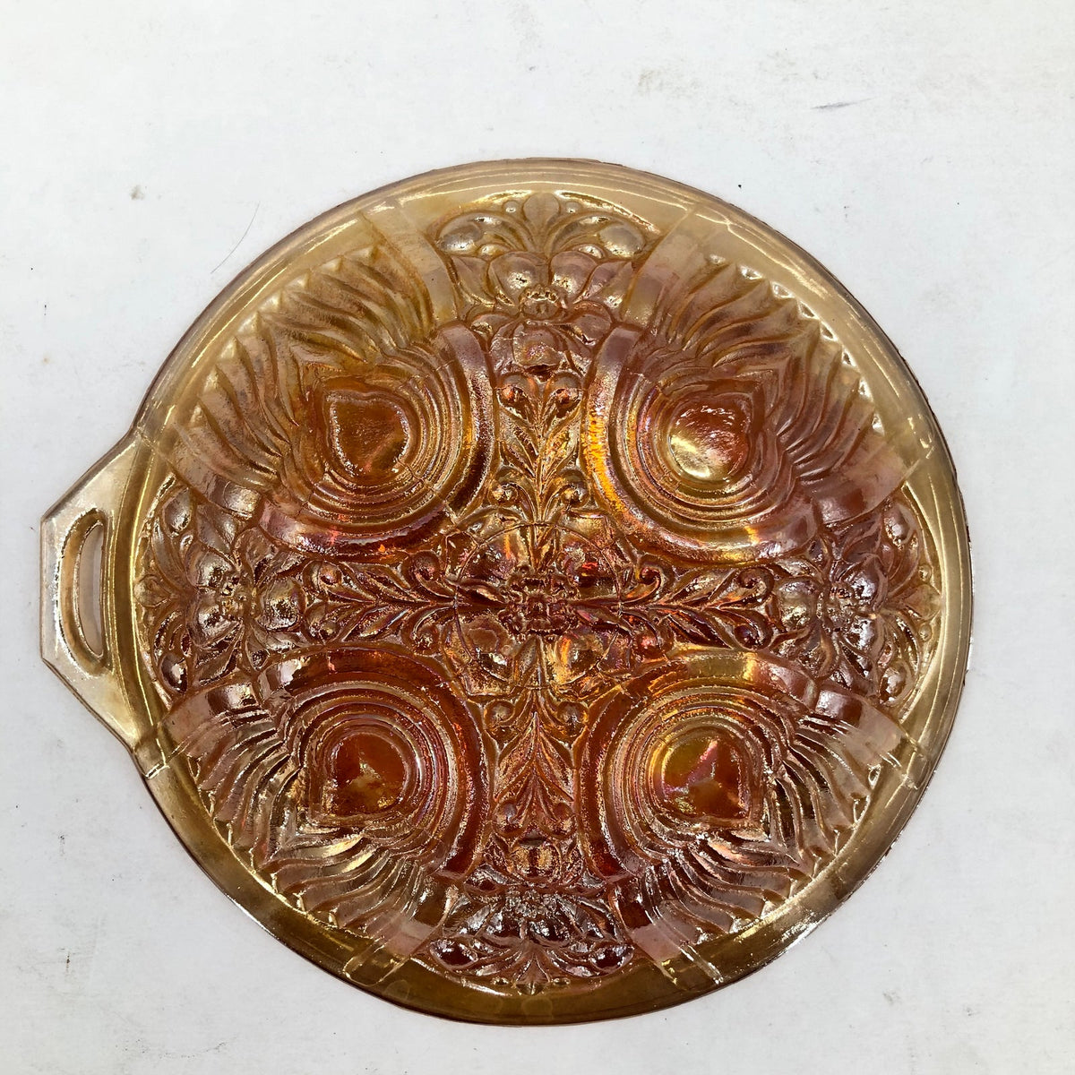 Vintage Iridescent Marigold Carnival Glass Divided Candy Nut Dish Open Handle