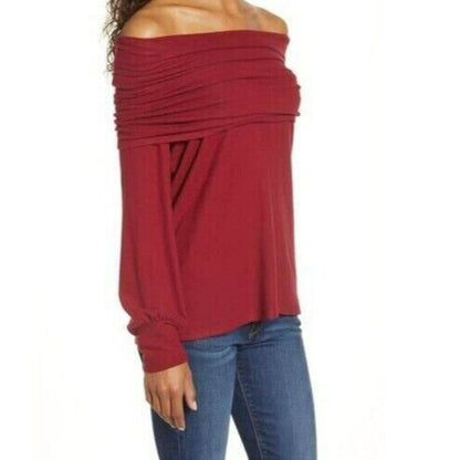 Gibson Look Women's Off Shoulder Cowl Pullover Tunic Top XXS Wine NWT High Low