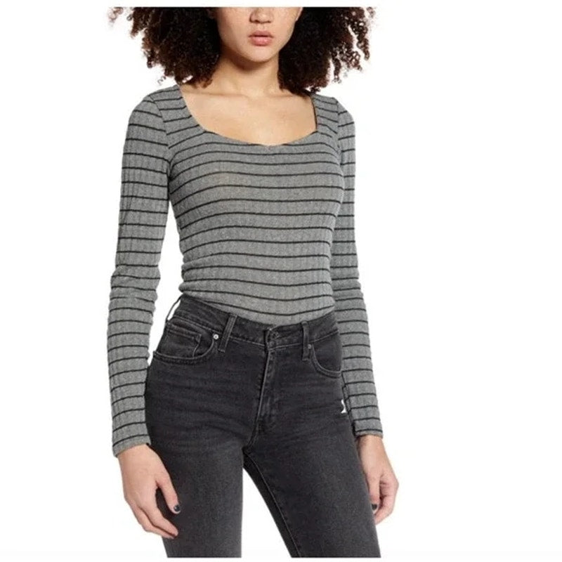 PST By Project Social T Charcoal/Black Small NEW Stripe Rib Knit Sweetheart Neck