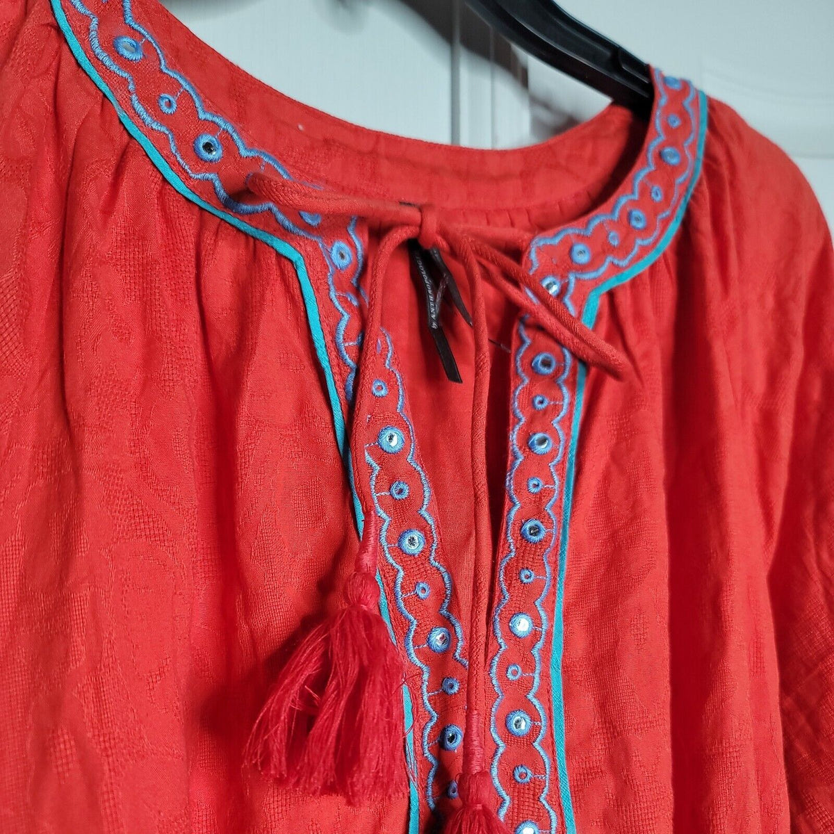 Anthropologie Scarlet Puff-Sleeved Midi Belted pockets BOHO Dress Size Medium