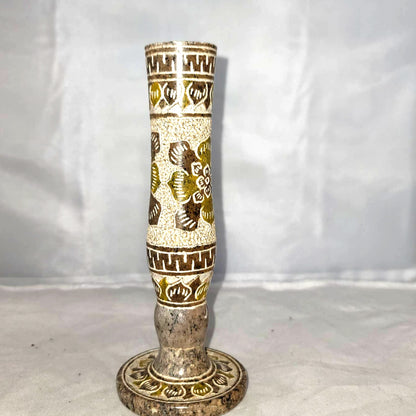 Vintage Candlestick Holder Marble Mexican Etched Floral geometric Neutral 7"