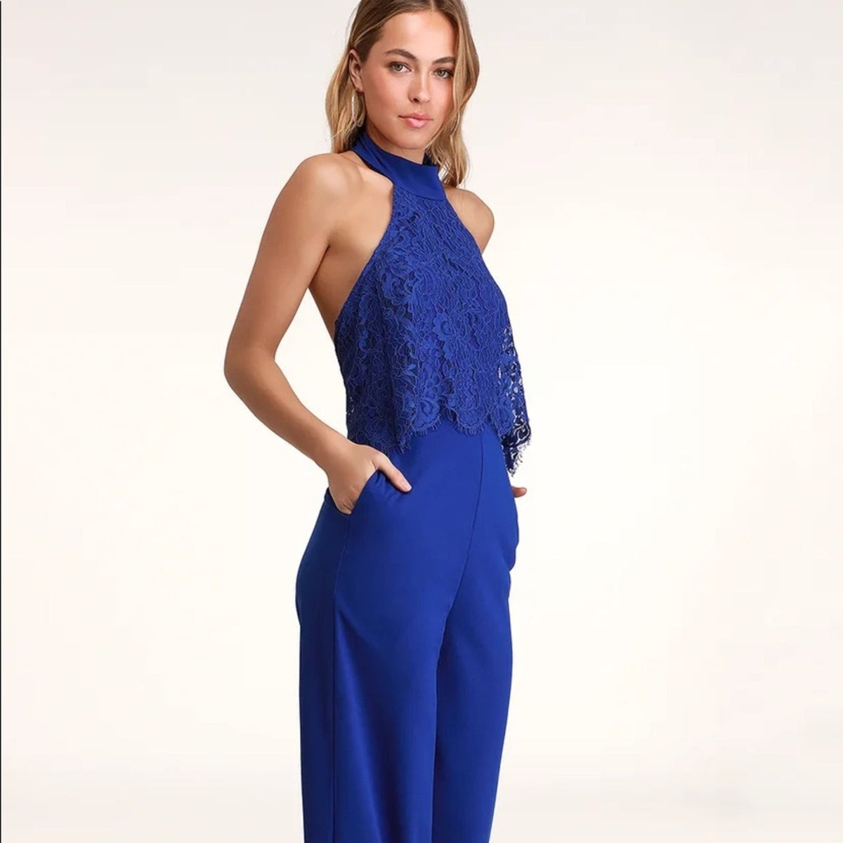 Lulu’s NEW Royal Blue Lace Halter Jumpsuit Size Medium