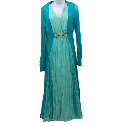 Vintage 1950s Chiffon maxi blue/green two tone Dress rhinestones Lined Small