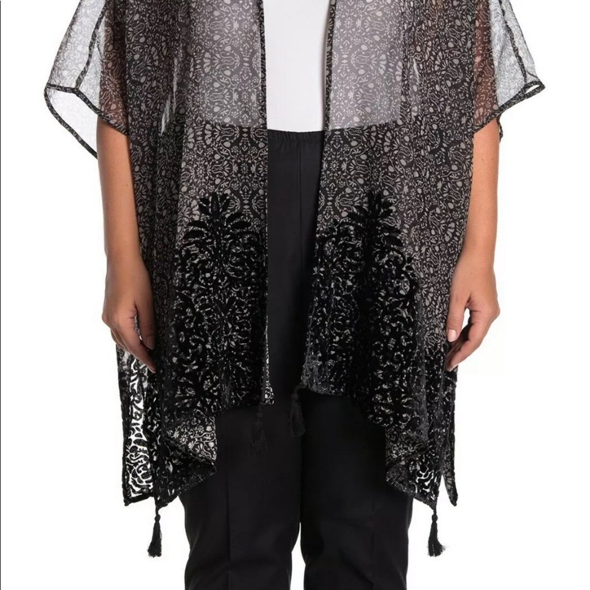 DR2 NEW Black Sheer Velvet Open Kimono Size 1X duster coverup Sheer lace