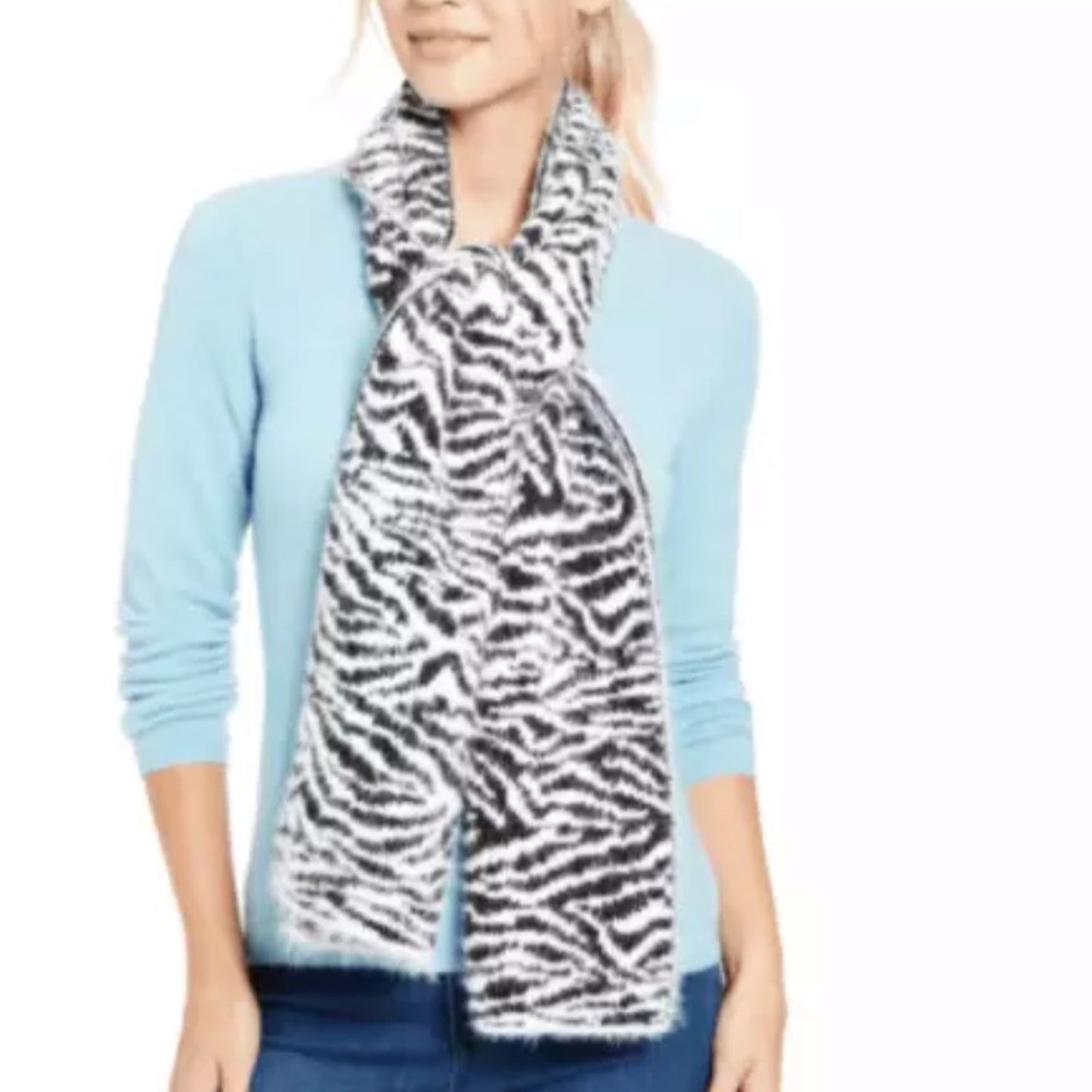 DKNY Fuzzy Animal Zebra print Shawl winter Black & White Scarf L:63” W:12”