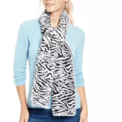 DKNY Fuzzy Animal Zebra print Shawl winter Black & White Scarf L:63” W:12”