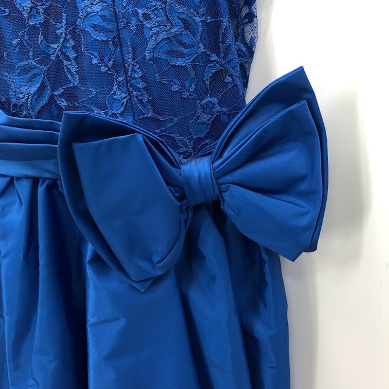Vintage Blue 1980s High Low Lace Taffeta Dress Side Bow Crinoline 10 Long Sleeve