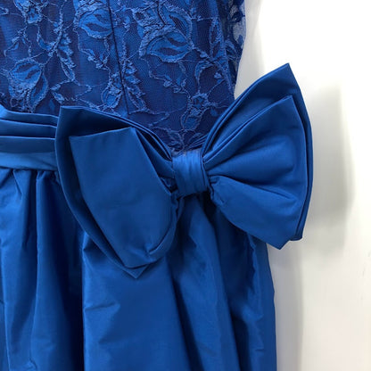 Vintage Blue 1980s High Low Lace Taffeta Dress Side Bow Crinoline 10 Long Sleeve
