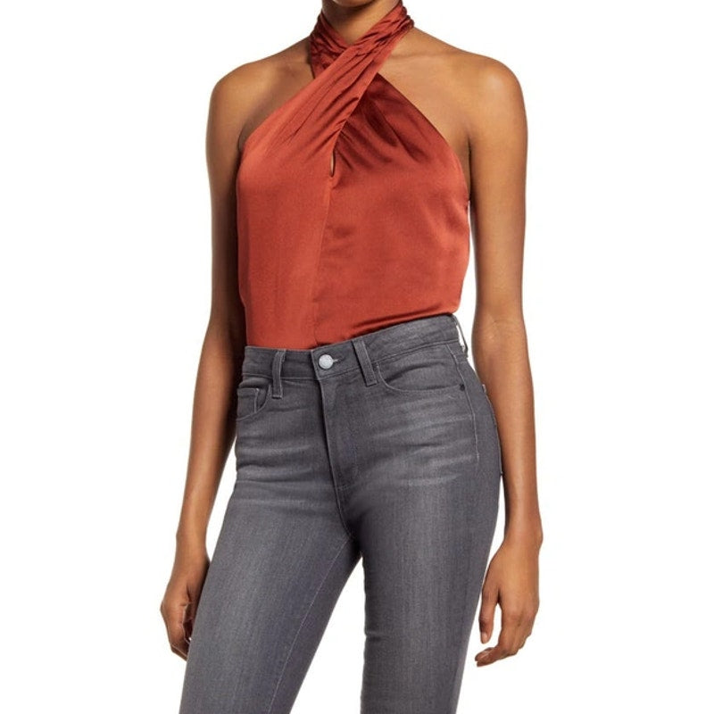 CHELSEA28 Sleeveless Twist Neck Halter Keyhole Blouse Rust Summer Dressy Large