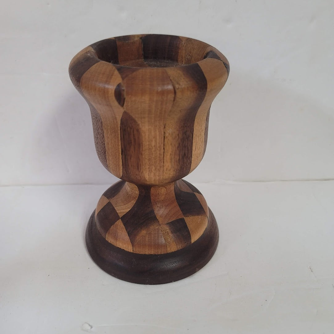 Wood handmade handturned candlestick Vintage Segmented Marquetry Parquetry