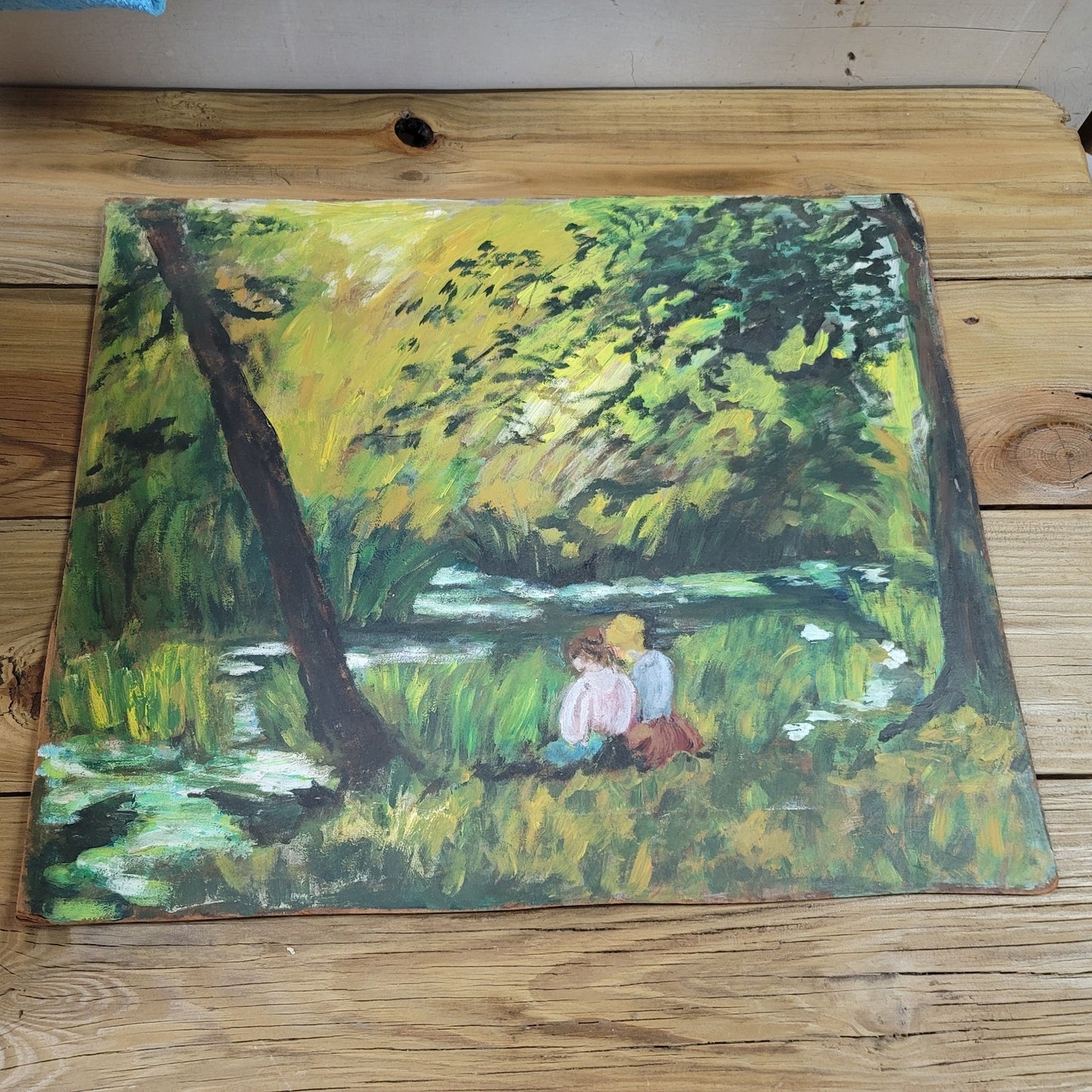 Vintage Oil Painting on board 2 women landscape Couple Sit Green Forest Scene