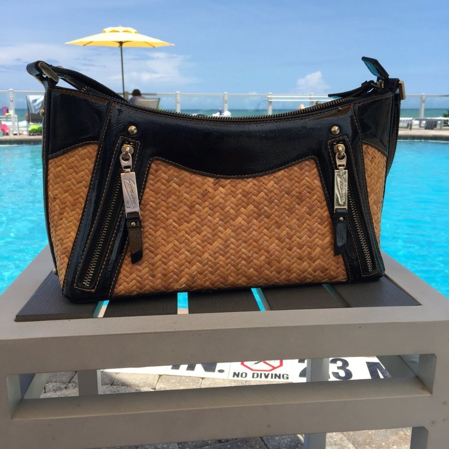 Etienne Wicker Purse HandBag Pocket Zip Shoulder bag Black Patent Leather