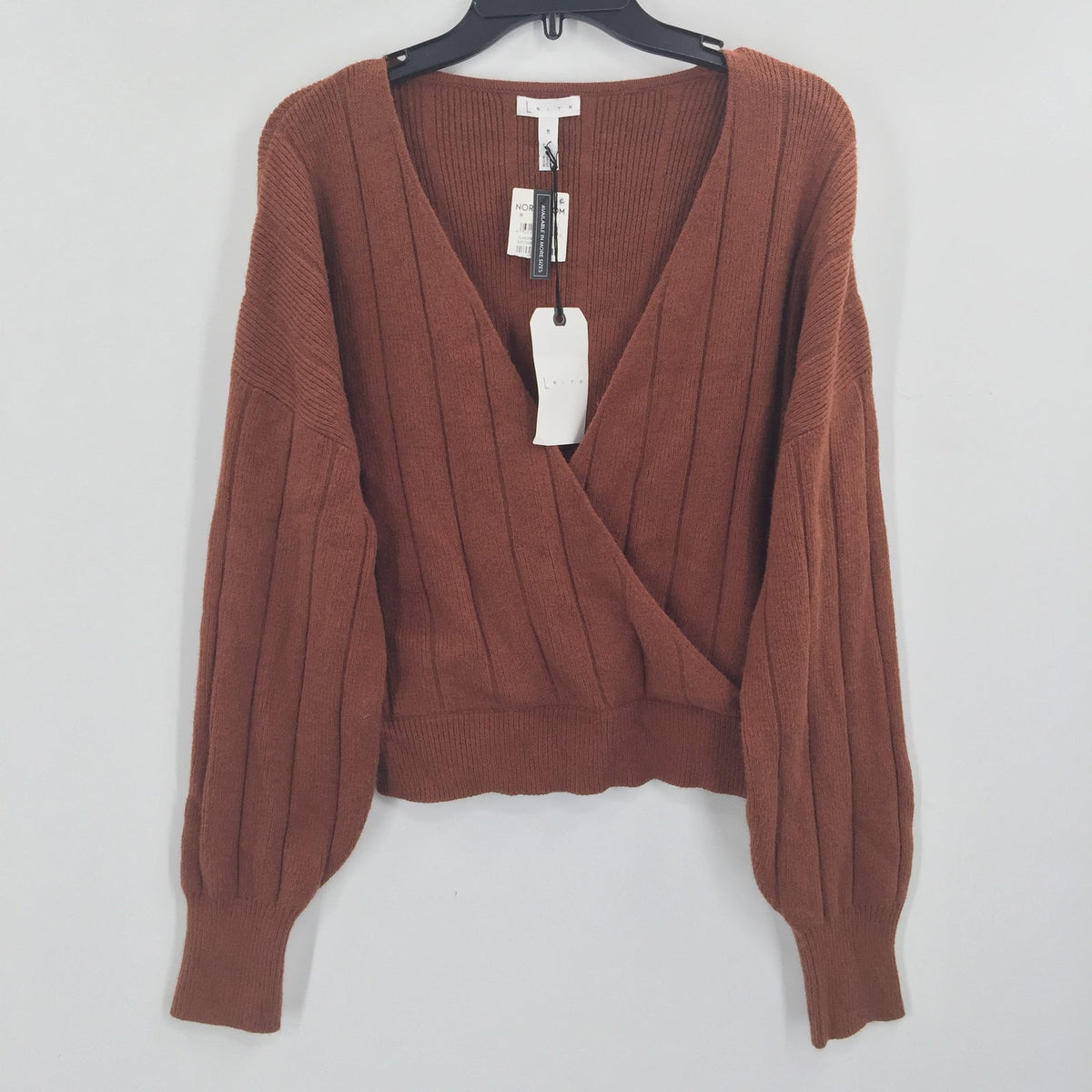 Leith Faux Wrap Pullover Ribbed Sweater Long Sleeve V-Neck Brown Size Medium