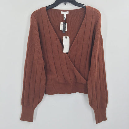 Leith Faux Wrap Pullover Ribbed Sweater Long Sleeve V-Neck Brown Size Medium