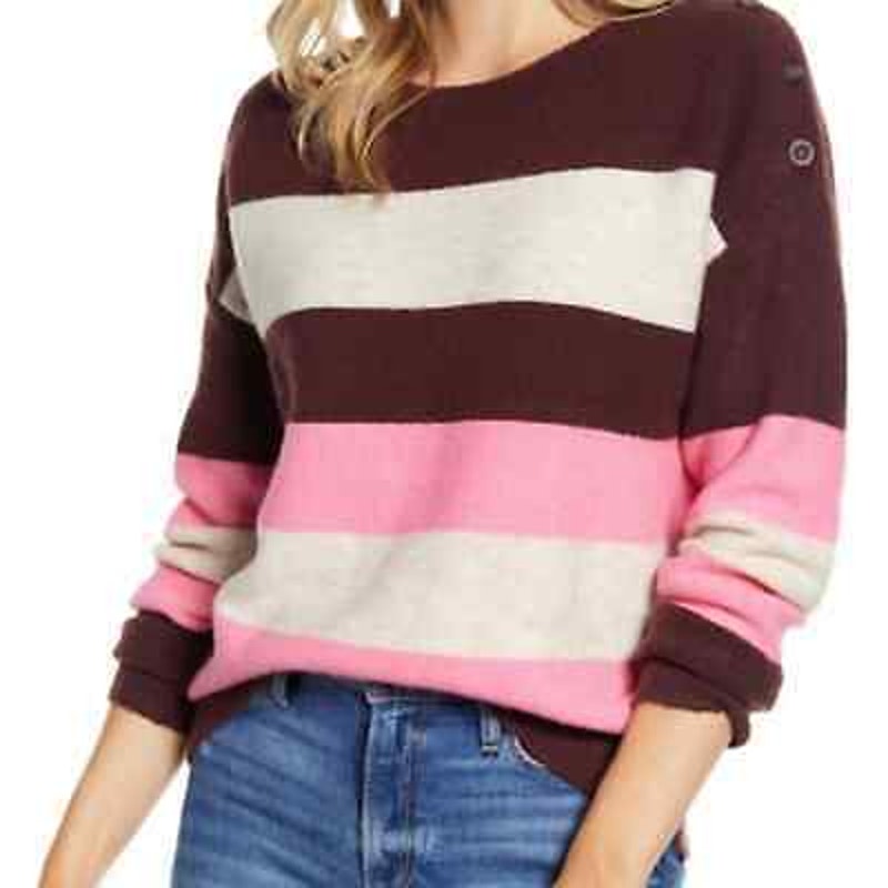 Caslon NEW layer Brown Pink Striped Shoulder Button Long Sleeve Top Plus Size XL