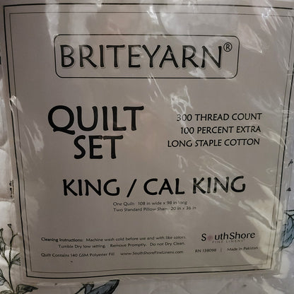 South Shore Briteyarn Floral quilt King/Cal King 300 count Cotton NEW Green Blue