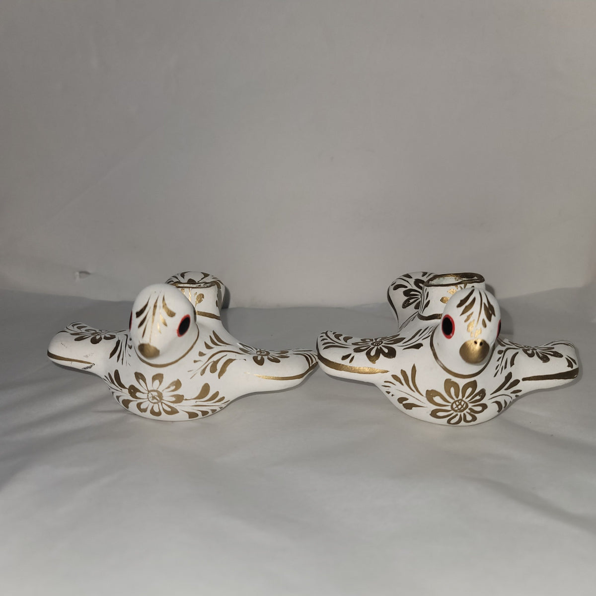 Paloma Doves Birds Candleholder Pair white gold Mexico Pottery folkart