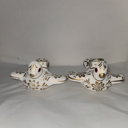 Paloma Doves Birds Candleholder Pair white gold Mexico Pottery folkart