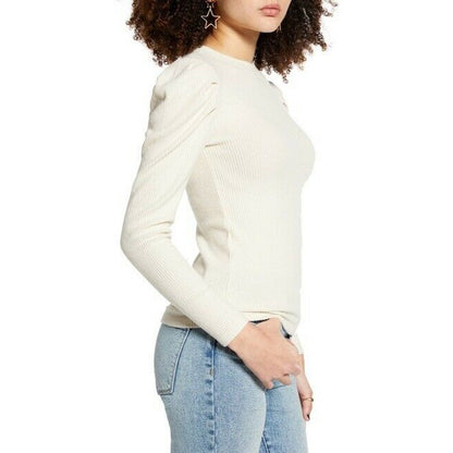 BP. Cozy Puff Sleeve Top Ribbed Long Sleeve Shirt Crew Neck Ivory X-Large NWT