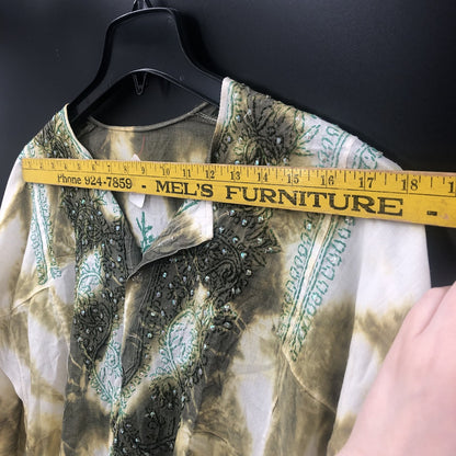 Vintage Tie Dye Sequin Embroidered Long Sleeve Tunic Top Green White Boho MEDIUM
